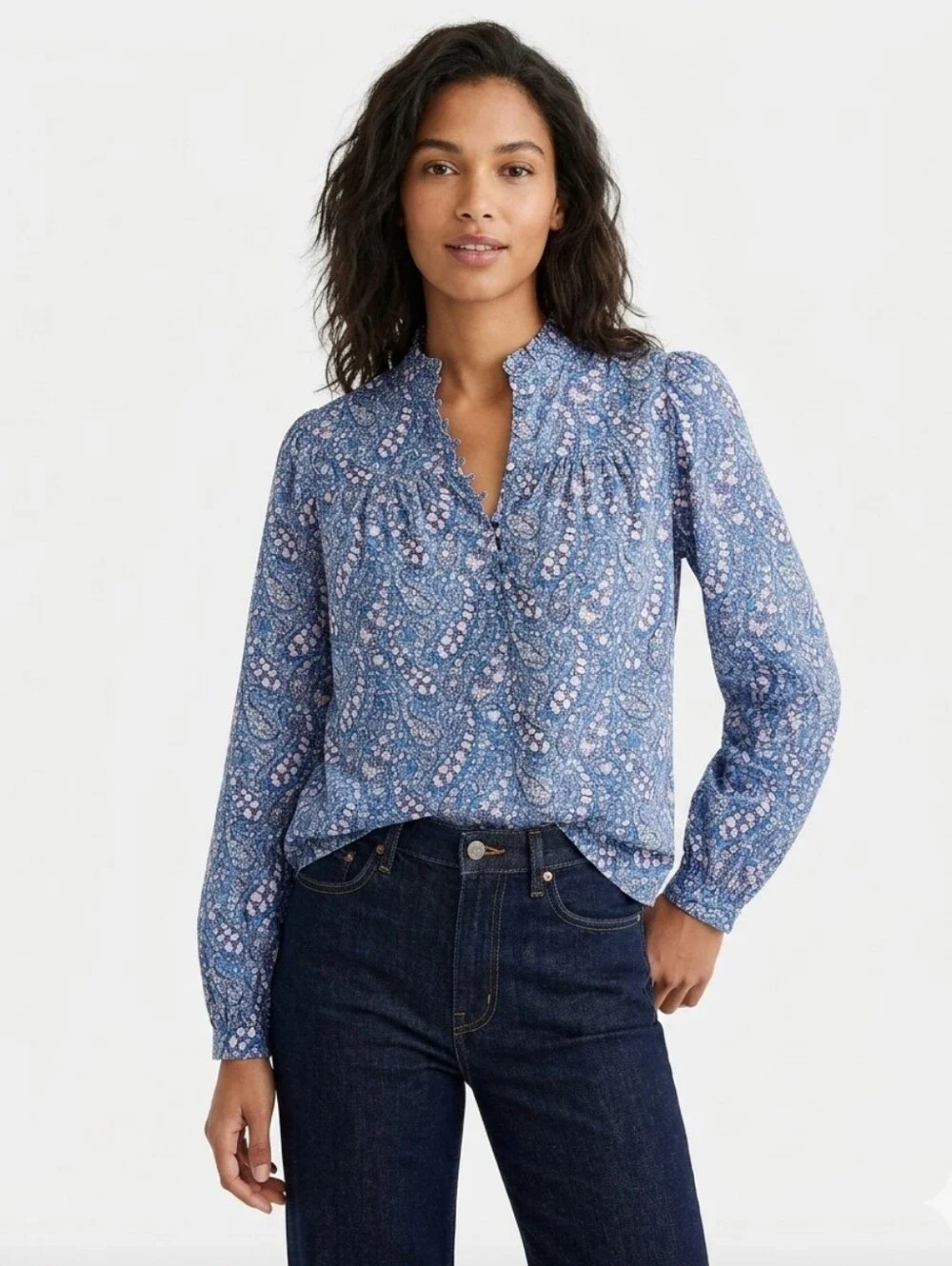 NWT J. Crew Liberty Blue Paisley Floral Button-Front Popover Blouse Cotton XXS